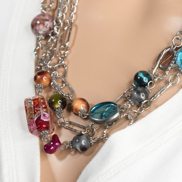 Long Necklace With Chains And Colorful Faux Stones - Picture 9 of 15